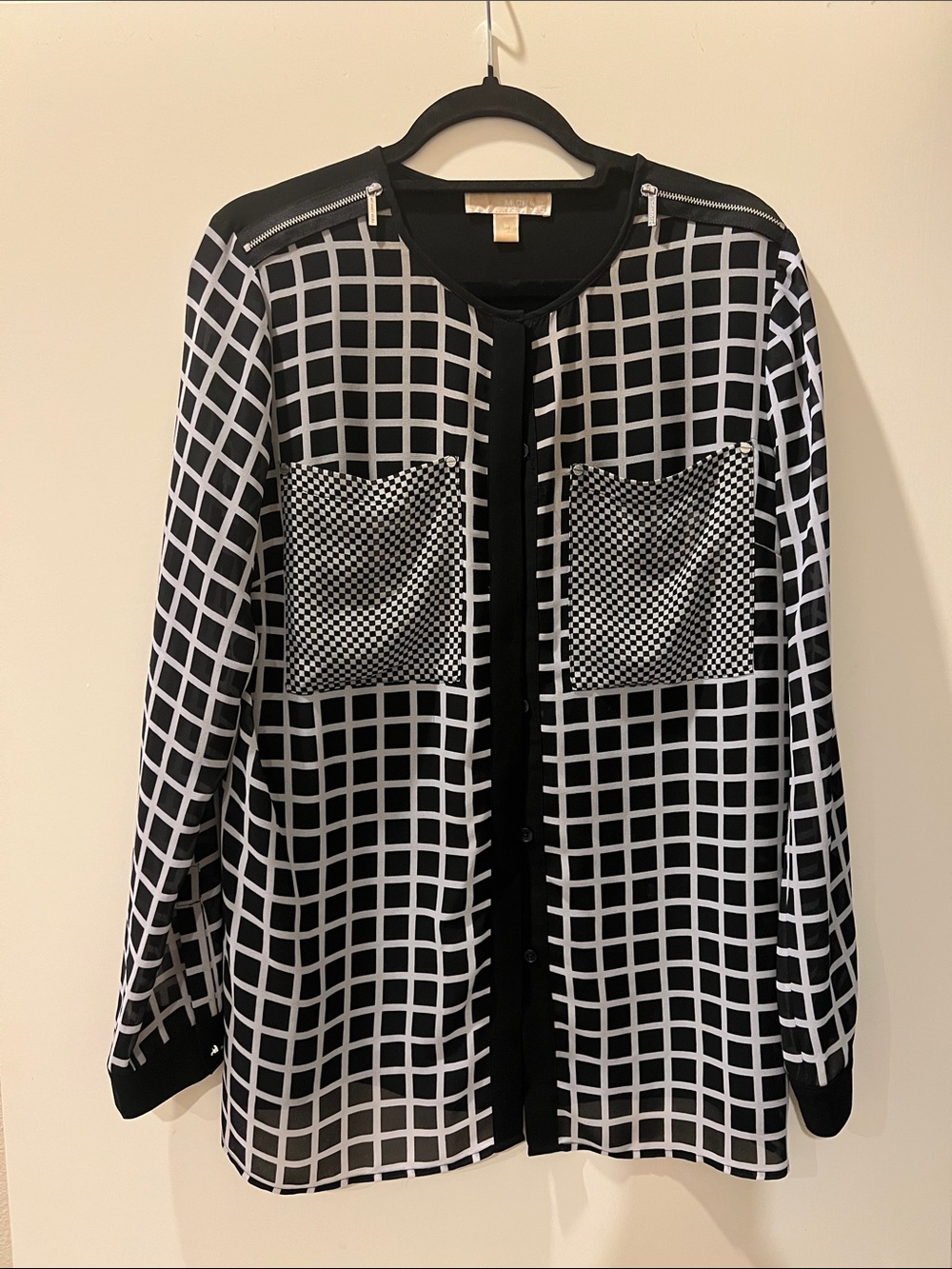 MICHAEL Michael Kors Black and White Grid Blazer with Zip-Shoulder Detail